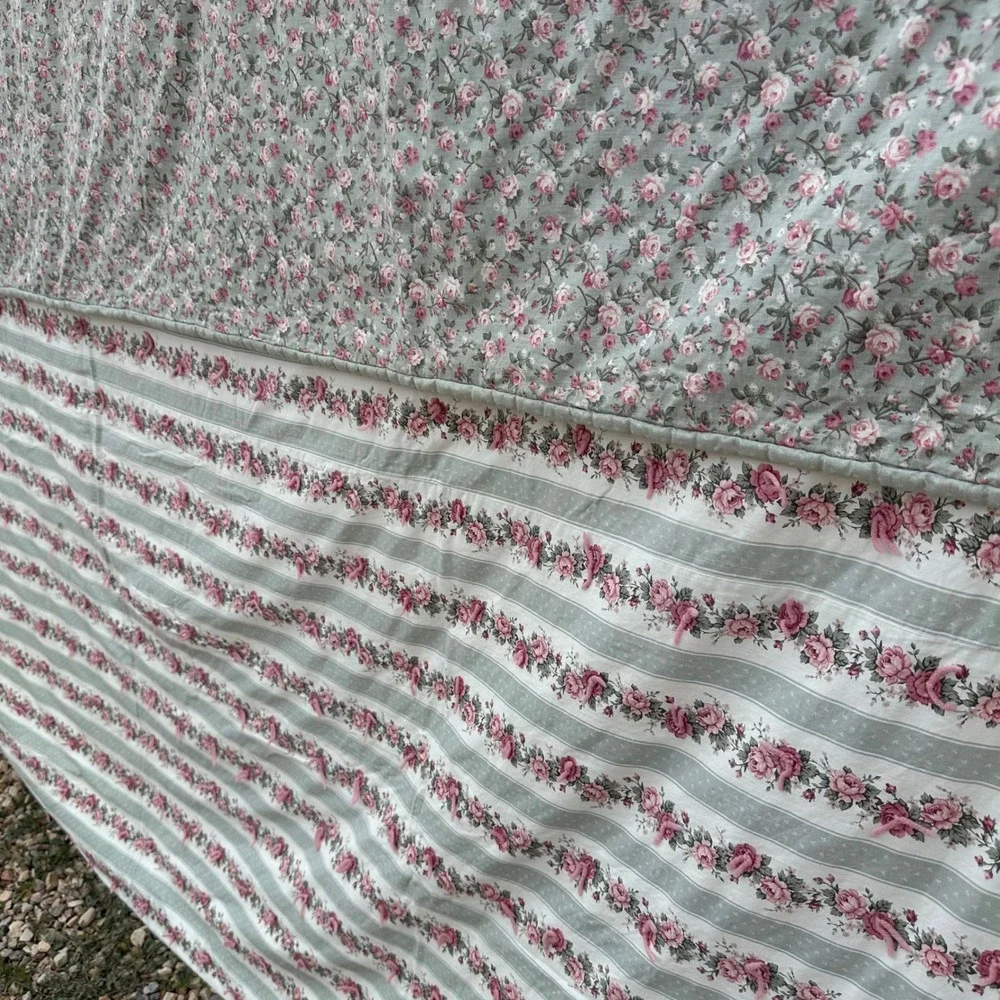 Vintage Reversible Rose Floral Sage Green Hand Tied Quilt Cottagecore 84x92